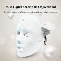 LED therapy face mask with text about skin rejuvenation on a light gray background