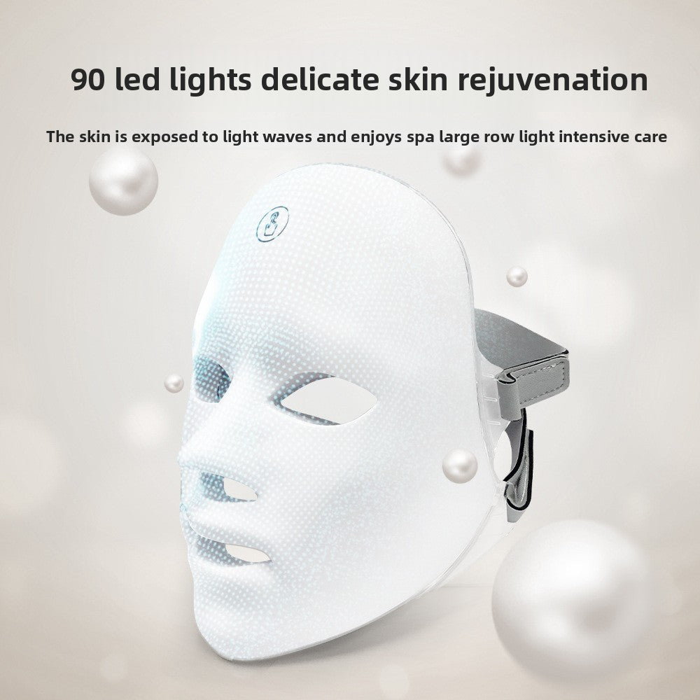 LED therapy face mask with text about skin rejuvenation on a light gray background