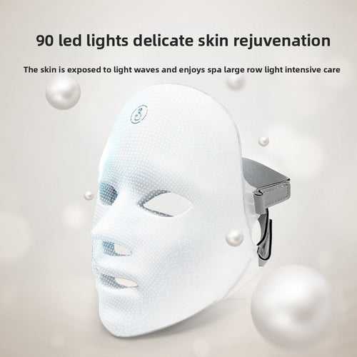 LED therapy face mask with text about skin rejuvenation on a light gray background