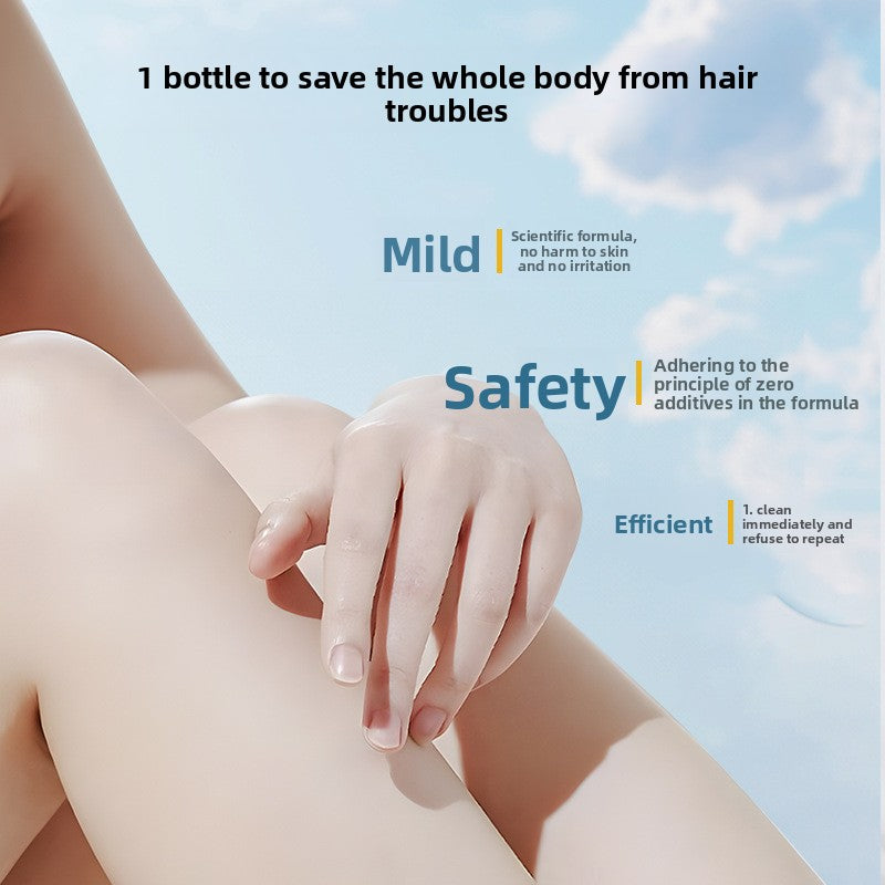 Advertisement for a hair removal product with text about safety and effectiveness, featuring a close-up of legs and hands.