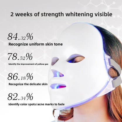 Person wearing a LED face mask with text on strength whitening and skin improvement.