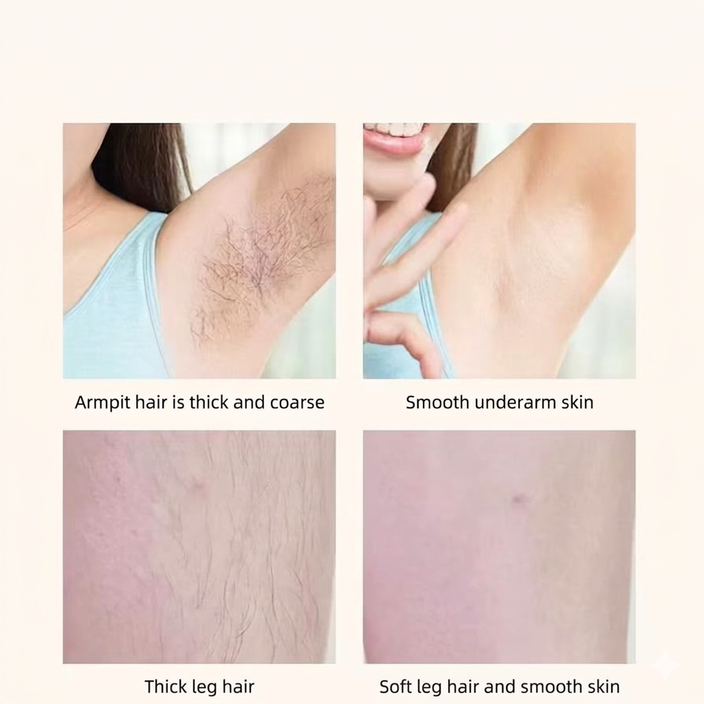 Comparison of armpit, underarm, leg hair, and skin texture before and after hair removal.