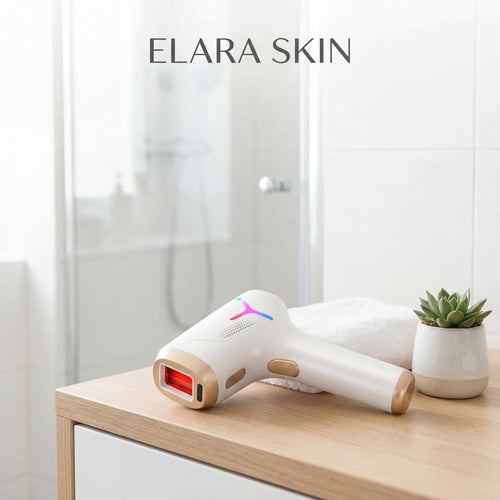 White electronic device with wooden accents on a wooden surface, branded 'ELARA SKIN'.